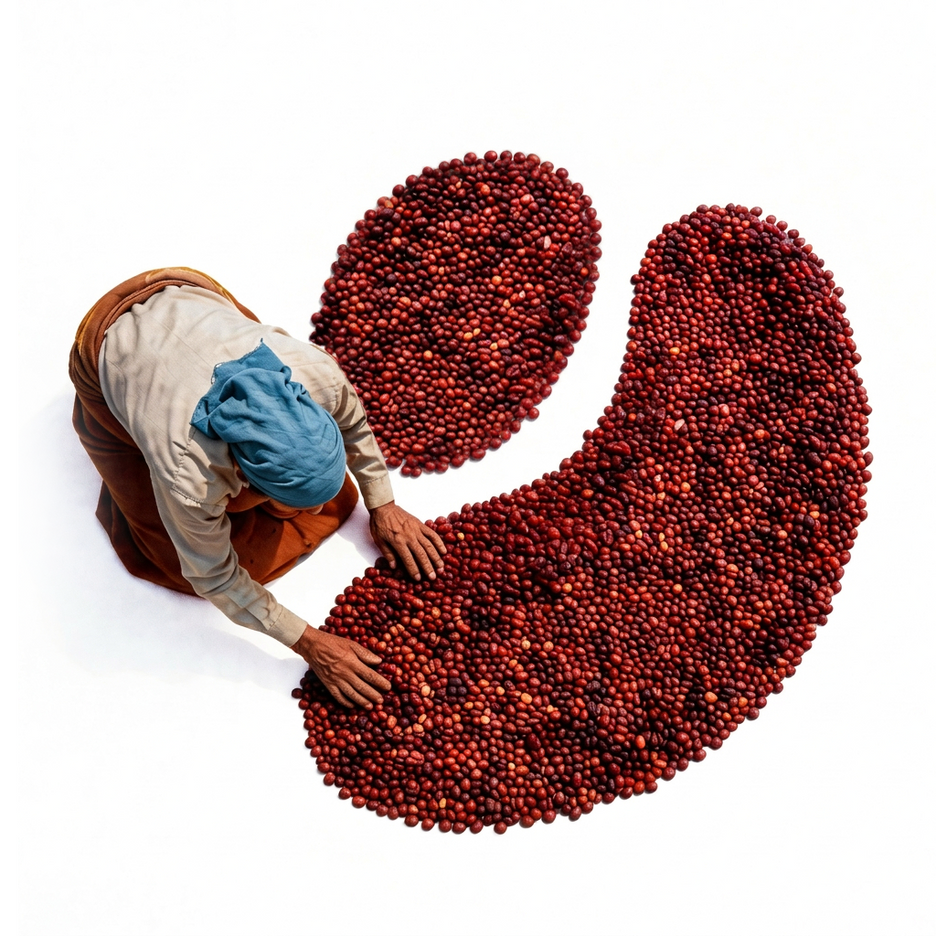 Person sorting coffee beans on a white background